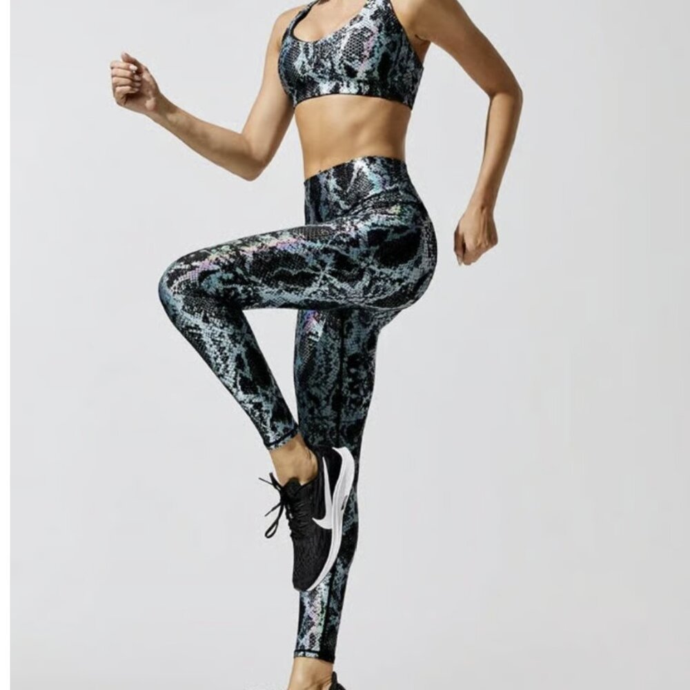 Carbon38 High Rise Black Blue Silver Shiny Snakeskin Legging